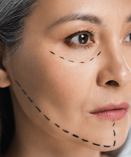 Close-up of woman's face with surgical markings for cosmetic procedure.