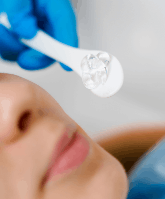 A close-up of a person receiving a skincare treatment with a gel applicator.