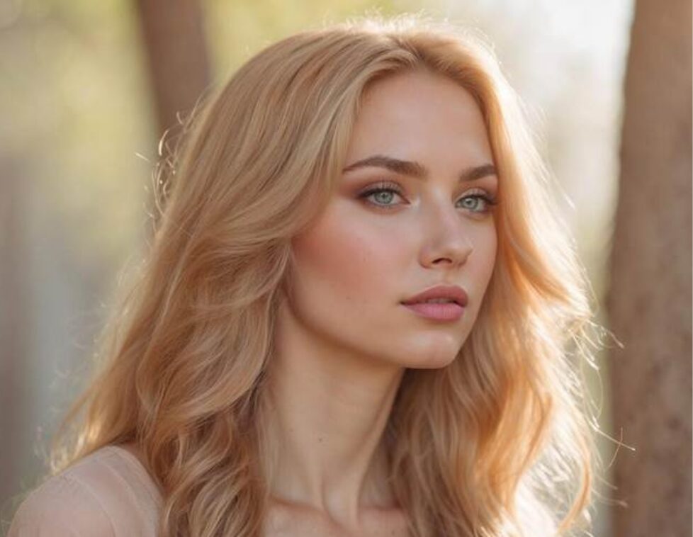 A young woman with long blonde hair gazing thoughtfully.