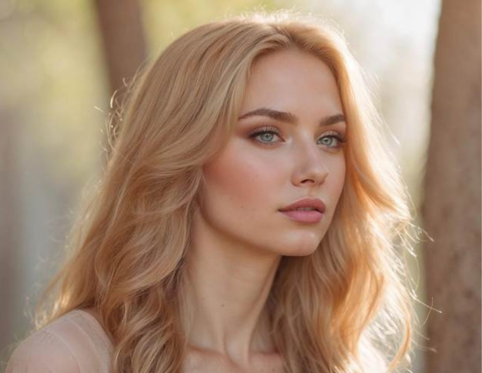 A young woman with long blonde hair gazing thoughtfully.